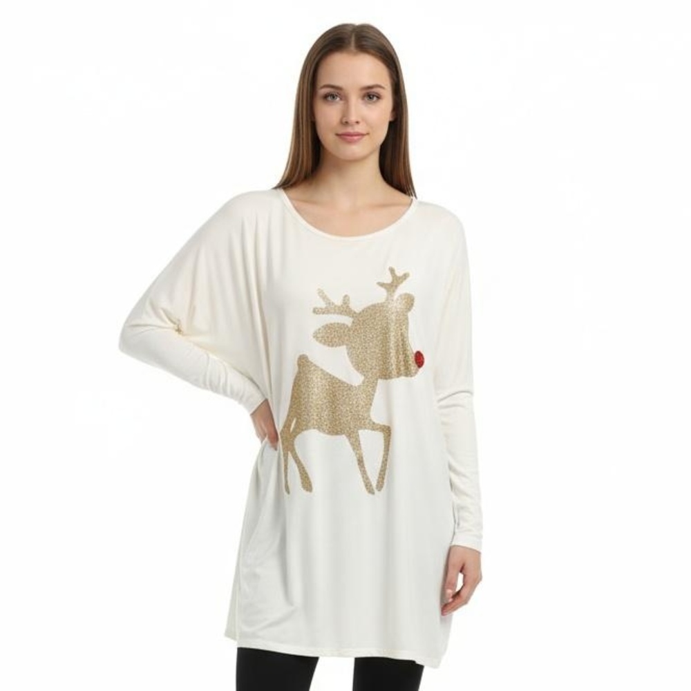 12PM By Mon Ami S Ivory Oversized Rudolf Reindeer Tunic Top Christmas Holiday